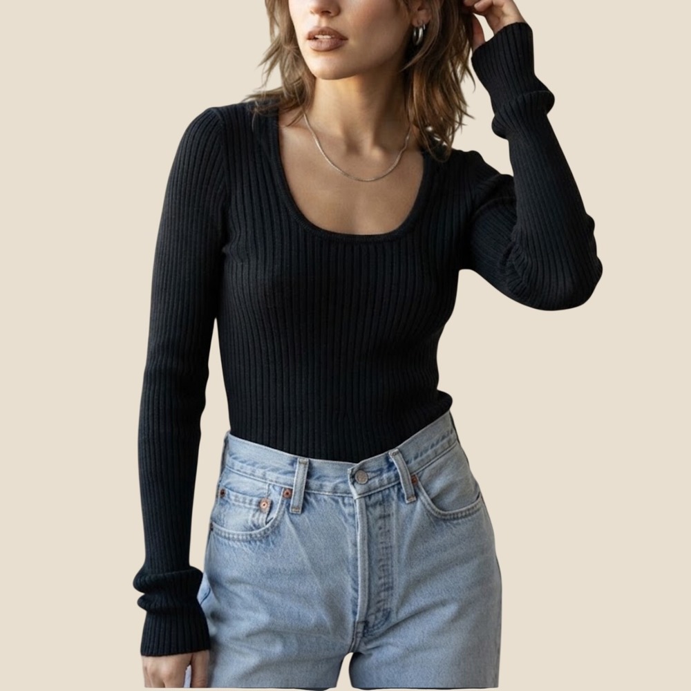 Vintage Wayne Rogers Black Ribbed Silk Blend Scoop Neck Long Sleeve Top Large - Picture 1 of 6